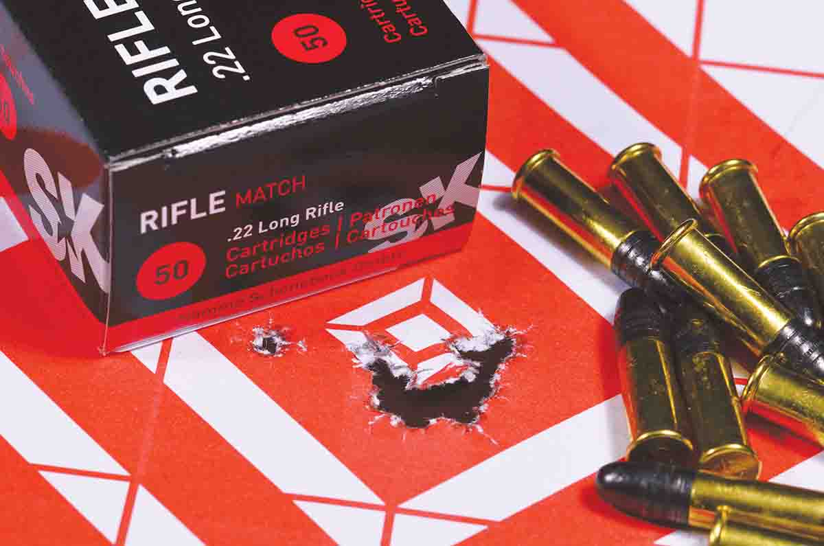 The best group from 10 different brands of rimfire ammunition: SK Rifle Match, 10 shots at 50 yards, .95 inch overall, but just .50 inch without one flier.